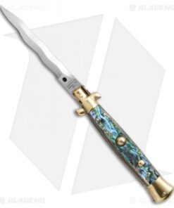 AGA Campolin 10" Italian Stiletto Auto Knife Abalone Brass (4.5" Satin Kriss)