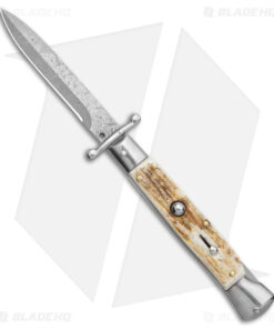 Italian Style Stiletto Swinguard Automatic Knife Stag Horn (4" Damascus)
