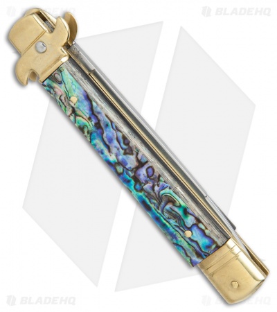 AKC Leverletto 9" Lever Lock Auto Italian Knife Brass/Abalone (4" Satin) - Image 3