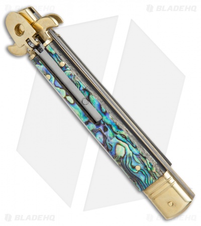 AKC Leverletto 9" Lever Lock Auto Italian Knife Brass/Abalone (4" Satin) - Image 2