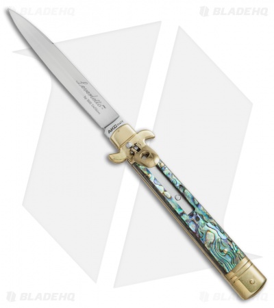 AKC Leverletto 9" Lever Lock Auto Italian Knife Brass/Abalone (4" Satin)