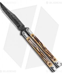 Bear Butterfly Knife w Stag Handle Damascus Blade (4" Plain) 517D