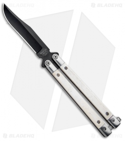 Bear Butterfly Knife w/ White Smooth Bone Handle (4.25" Black) WSB17