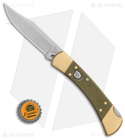 Buck 110 Automatic Knife OD Green Canvas Micarta/Brushed Brass (3.75" SW) - Image 4