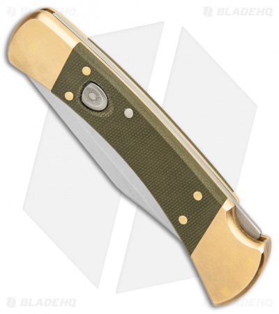 Buck 110 Automatic Knife OD Green Canvas Micarta/Brushed Brass (3.75" SW) - Image 3