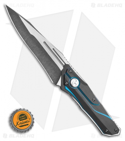 Dew Hara Custom HOMURA Fixed Blade Knife Black/Blue Duralumin (4.5" Acid Wash) - Image 4