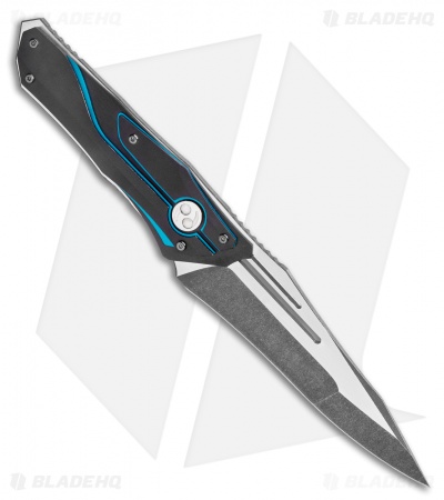 Dew Hara Custom HOMURA Fixed Blade Knife Black/Blue Duralumin (4.5" Acid Wash) - Image 2