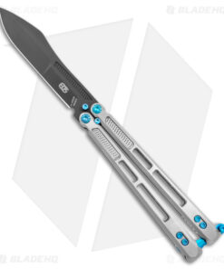 EOS Trident Balisong Butterfly Knife Satin Titanium w/ Blue (4.5" Black S30V)