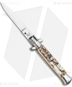 Frank B 7.5" Italian Stiletto Automatic Knife Stag Horn (3.5" Polish Flat Grind)
