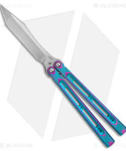 Heibel Knives Menace Balisong Knife Blue/Pink Titanium (4.6" Stonewash) #072