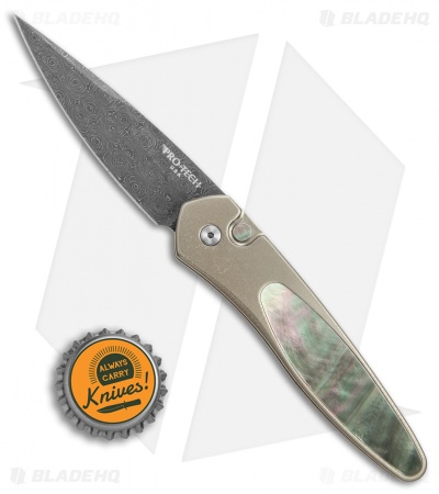 Pro-Tech Custom Newport Automatic Knife Bronze Ti/Mother of Pearl (3" Damascus) - Image 4