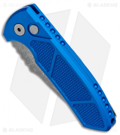Pro-Tech Les George SBR Automatic Knife Knurled Blue Al (2.6" Acid Wash) - Image 2