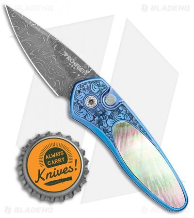 Pro-Tech Sprint Ultimate Custom Knife Blue Ti/Black Lip Pearl (1.95" Damascus) - Image 4