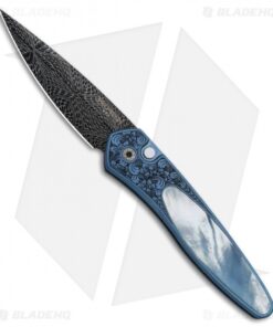 Pro-Tech Ultimate Custom Newport Knife Blue Ti w/ Gold Lip Pearl (3" Damascus)