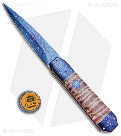 Rainy Vallotton Custom Medium Coffin Dagger Auto Knife Mammoth (4.125" Damascus) - Image 4