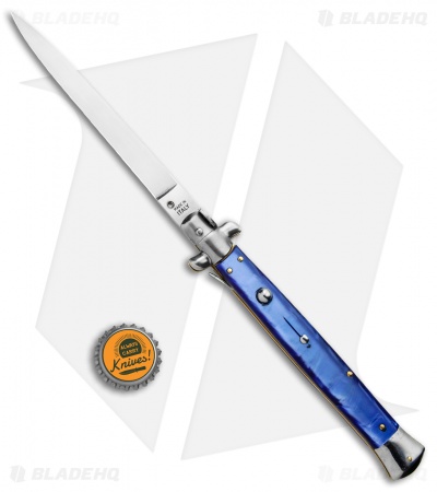 SKM 13" Italian Stiletto Automatic Knife Blue Pearlex (5.7" Satin Flat) - Image 4