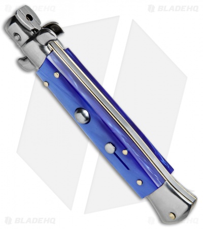 SKM AB 9" Italian Stiletto Automatic Knife Blue Pearlex (3.8" Satin Kris) - Image 2