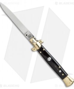 SKM 9" Italian Stiletto Automatic Knife Brass/Dark Horn (4" Satin Flat)