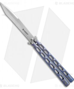Snody Knives Highroller Tanto Balisong Butterfly Knife Blue Titanium (5" Satin)