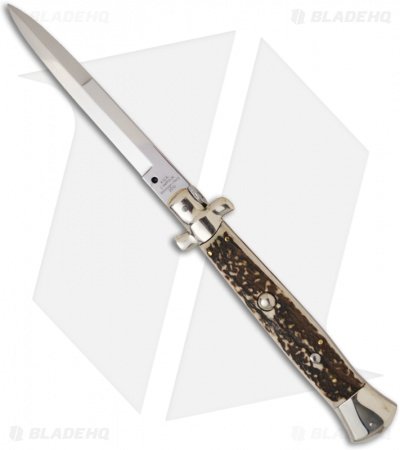 AGA Campolin 15" Automatic Italian Stiletto Knife Stag Horn (7" Satin Bayo)