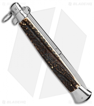 AGA Campolin 18" Ring Pull Automatic Italian Stiletto Stag Horn (8" Satin Bayo) - Image 3