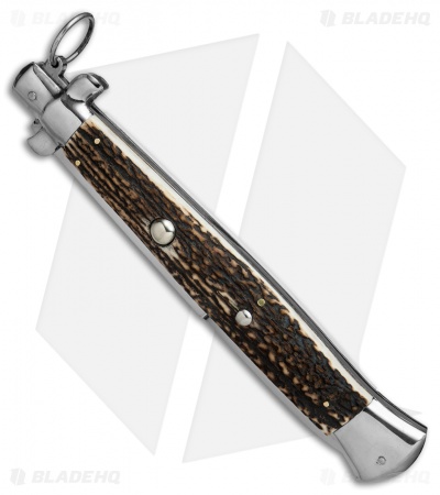 AGA Campolin 18" Ring Pull Automatic Italian Stiletto Stag Horn (8" Satin Bayo) - Image 2