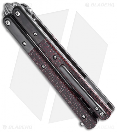 Sam Eddleman Tanto Balisong Butterfly Knife Red CF/Zirc (4.25" Damascus) - Image 2