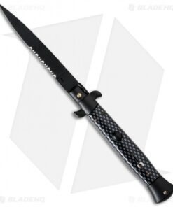 Frank B 9" Italian Stiletto Automatic Knife Sim Carbon Fiber (4" Black Serr)