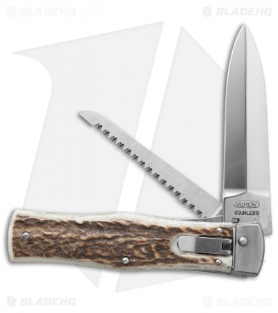 Mikov 241 Predator Leverlock Automatic Knife w/ Saw Stag Horn (3.75" Polish)