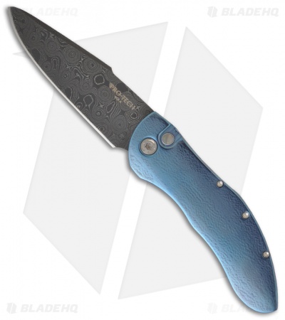 Pro-Tech Custom Blue Titanium Elishewitz Doru Automatic Knife w/ Damascus Blade