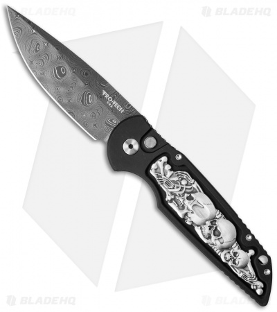 Pro-Tech TR-3 Shaw Skull Automatic Knife Coin Struck Inlay (3.5" Damascus)