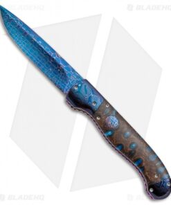 Rainy Vallotton Custom Titan Automatic Knife Blue Resin Burl (4" Damascus)