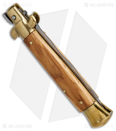 SKM AB 9" Italian Stiletto Automatic Knife Brass/Olive Wood (3.8" Satin Kriss) - Image 3