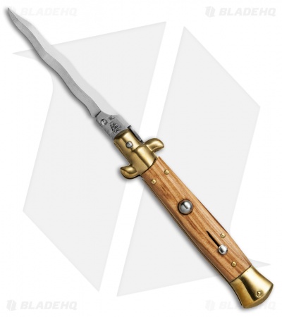 SKM AB 9" Italian Stiletto Automatic Knife Brass/Olive Wood (3.8" Satin Kriss)