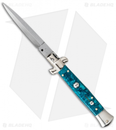 SKM AB 9" Italian Stiletto Automatic Knife Turquoise Acrylic (3.8" Satin Dagger)