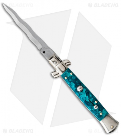 SKM AB 9" Italian Stiletto Automatic Knife Turquoise Acrylic (3.8" Satin Kriss)