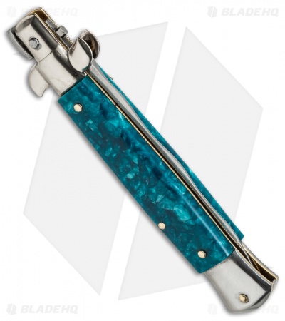 SKM AB 9" Italian Stiletto Automatic Knife Turquoise Acrylic (3.8" Satin Kriss) - Image 2